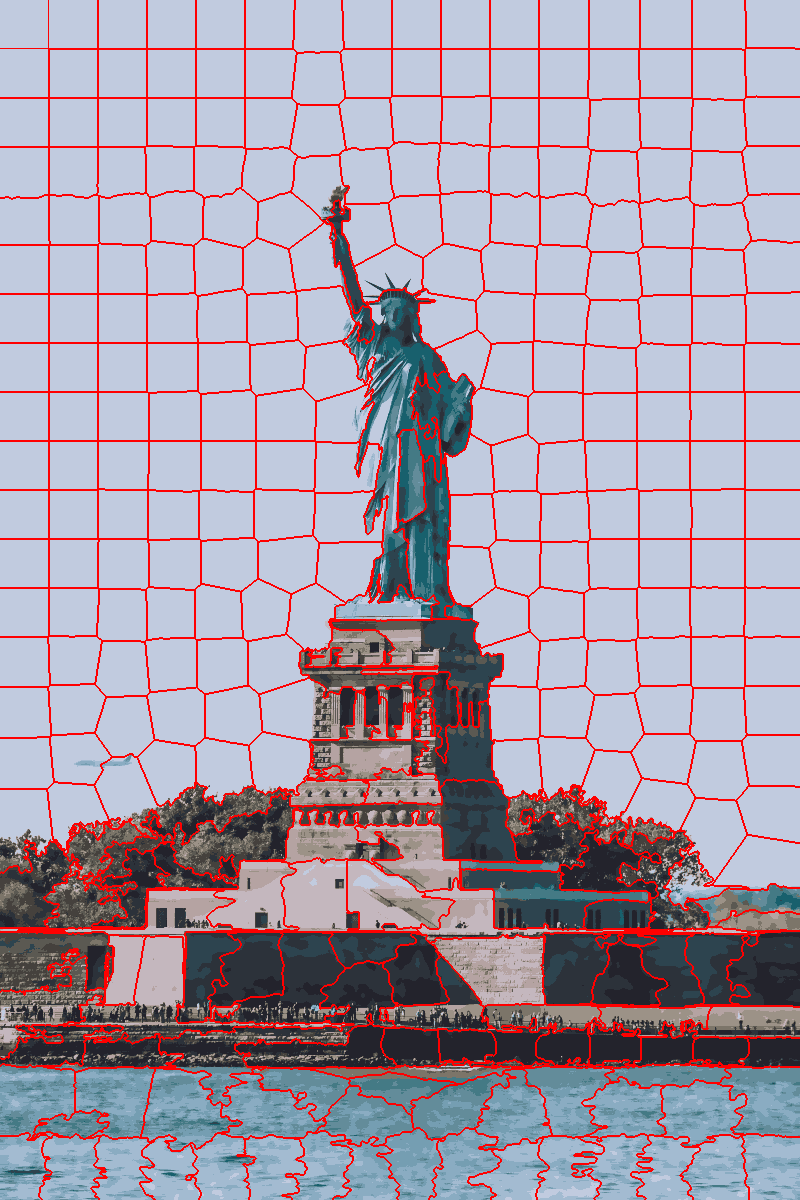 Statue of Liberty photograph overlaid with the red SLIC superpixel boundary lattice from the local segmentation pipeline